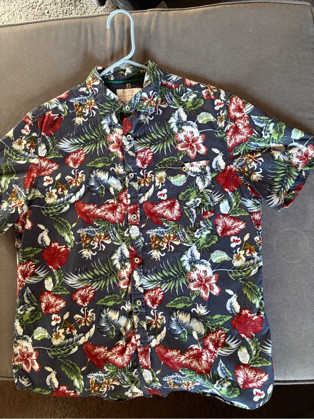 Denim & Flower Navy Short-Sleeve Button-Up with Red & Green Floral Print